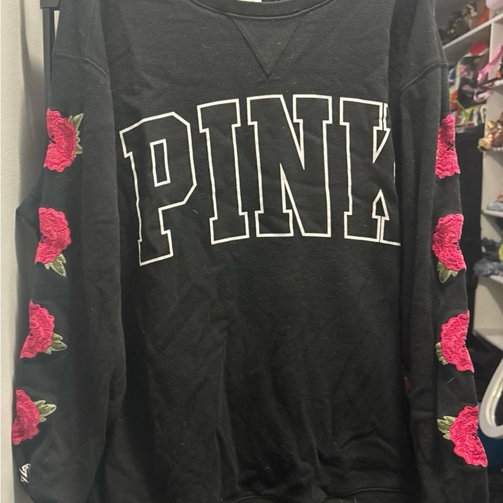 PINK Victoria's Secret Black Sweater with Pink Floral Sleeves